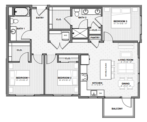 Floor plan for 3 beds, 2 baths, 1090 sqft